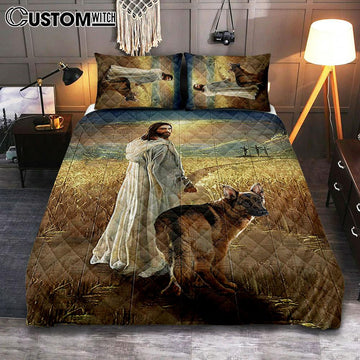 Jesus And German Shepherd Dog Walking Rice Field Quilt Bedding Set Cover Twin Bedding Decor - Christian Bedroom - Gift For Dog Lover