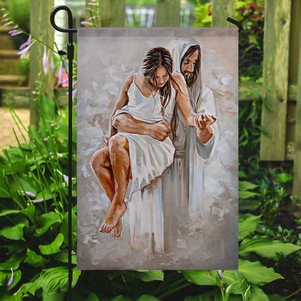 Jesus And Girl Flag, Christian&#39;s Flag, Garden Decor, Garden Flag Stand, Christian Flag, Scripture Flag, Garden Banner