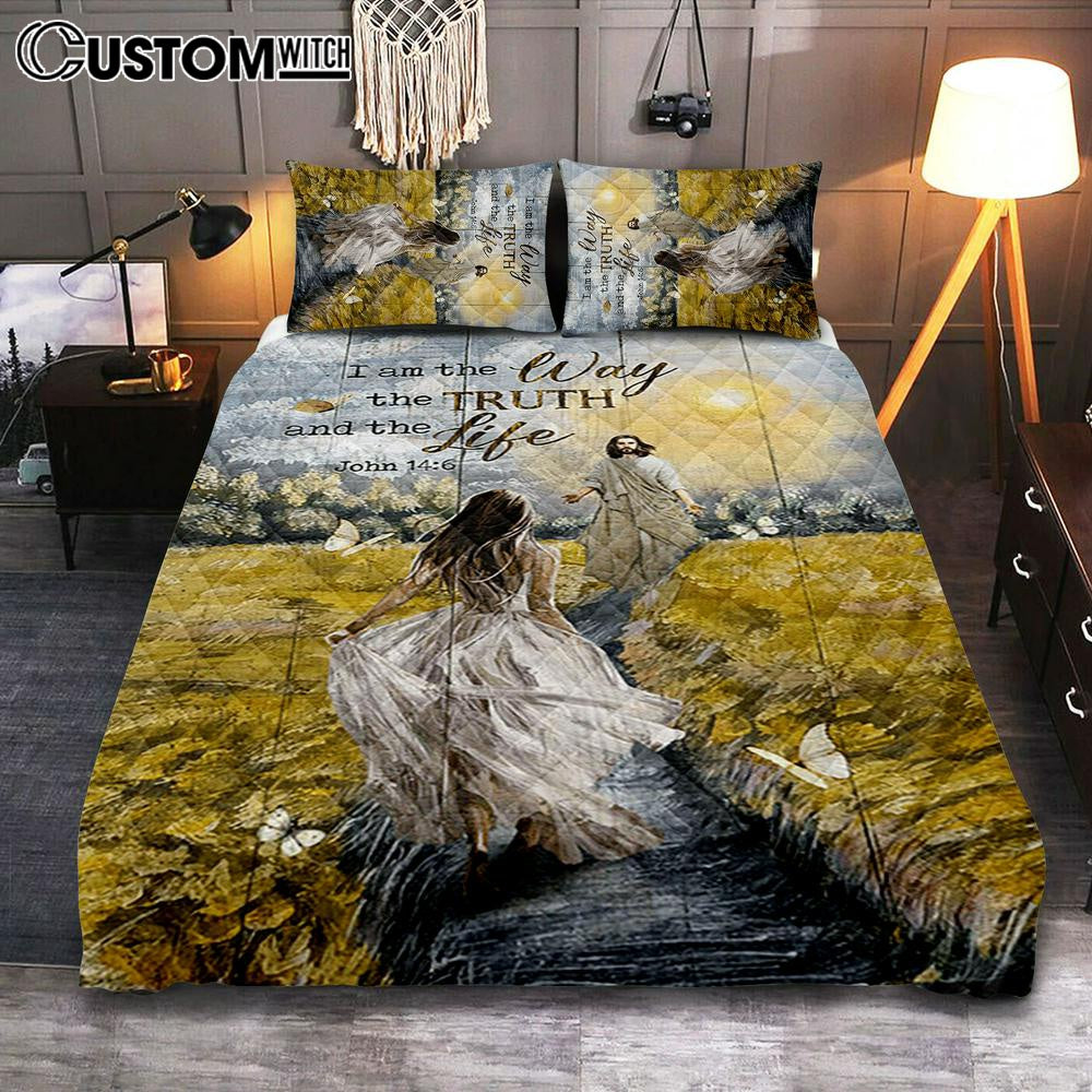 Jesus And Girl I Am The Way The Truth And The Life Quilt Bedding Set Bedroom - Christian Quilt Bedding Set Prints - Bible Verse Quilt Bedding Set Art