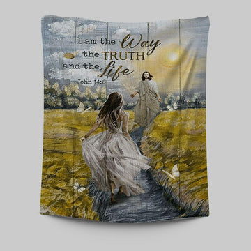 Jesus And Girl I Am The Way The Truth And The Life Tapestry Wall Art - Christian Tapestries Prints - Bible Verse Tapestry Art