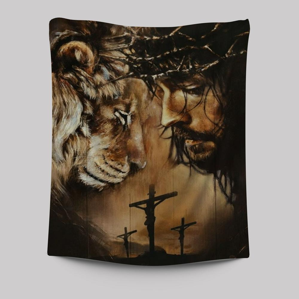 Jesus And Lion Face To Face Tapestry