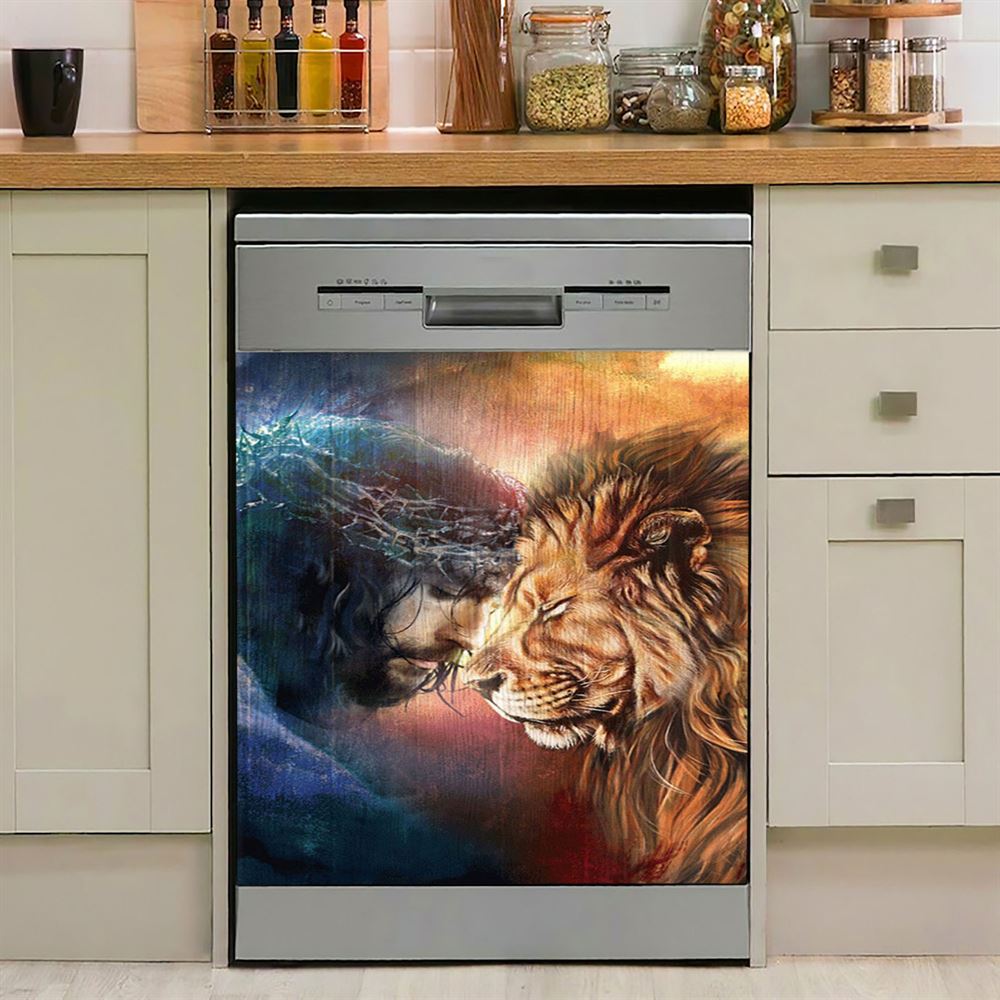 Jesus And Lion Of Judah Dishwasher Cover, Jesus Portrait Dishwasher Stickers, Christian Kitchen Decor