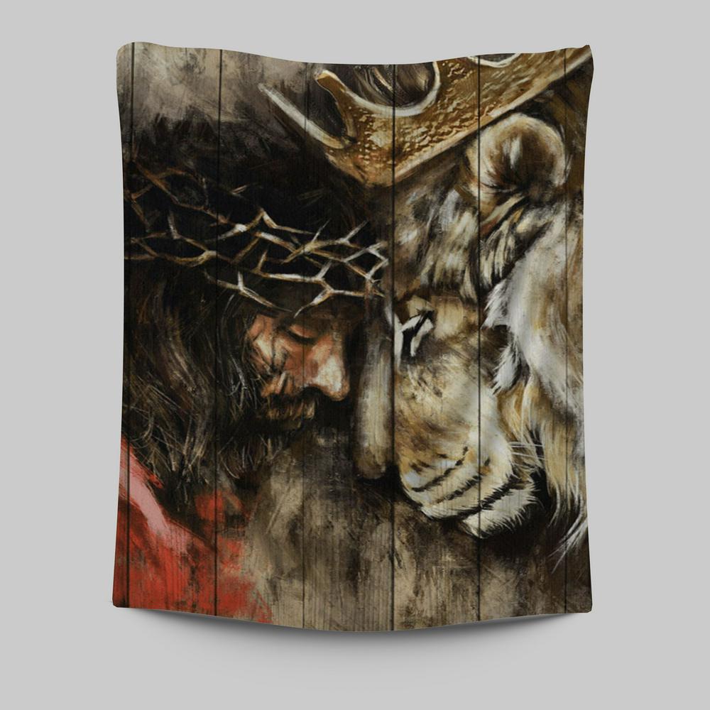 Jesus And Lion Of Judah Tapestry Prints - Jesus Christ Tapestry Art - Christian Wall Decor