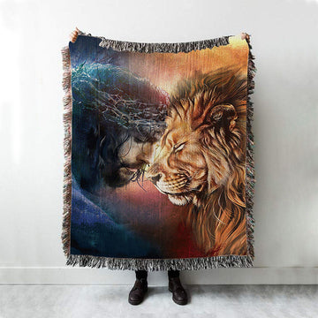 Jesus And Lion Of Judah Throw Blanket Woven Blanket - Jesus Portrait Woven Blanket Prints - Christian Throw Blanket