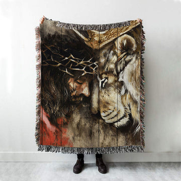 Jesus And Lion Of Judah Woven Blanket Prints - Jesus Christ Woven Blanket Art - Christian Boho Blanket