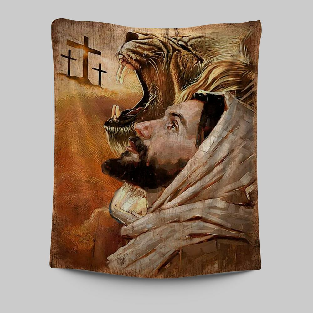 Jesus And Lion Tapestry Prints - Lion Tapestry Art - Christian Inspirational Tapestry