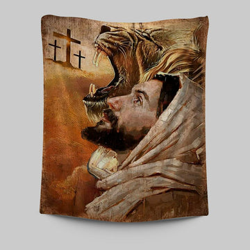 Jesus And Lion Tapestry Prints - Lion Tapestry Art - Christian Inspirational Tapestry
