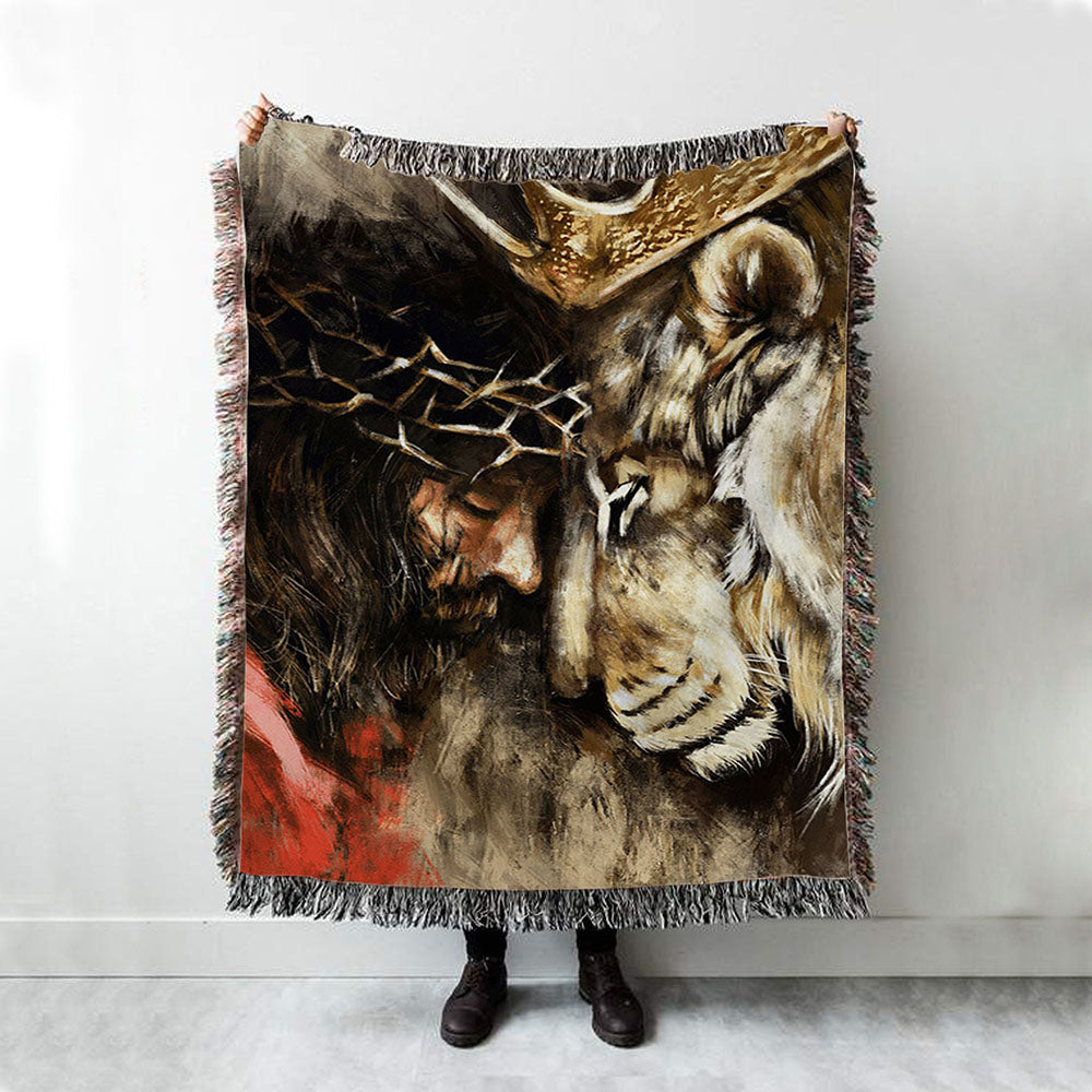 Jesus And Lion Woven Blanket Prints - Jesus Christ Woven Blanket Art - Christian Boho Blanket