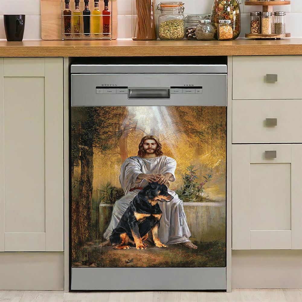 Jesus And Rottweiler Dog Dishwasher Cover, Jesus Portrait Dishwasher Stickers, Christian Kitchen Decor