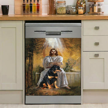 Jesus And Rottweiler Dog Dishwasher Cover, Jesus Portrait Dishwasher Stickers, Christian Kitchen Decor