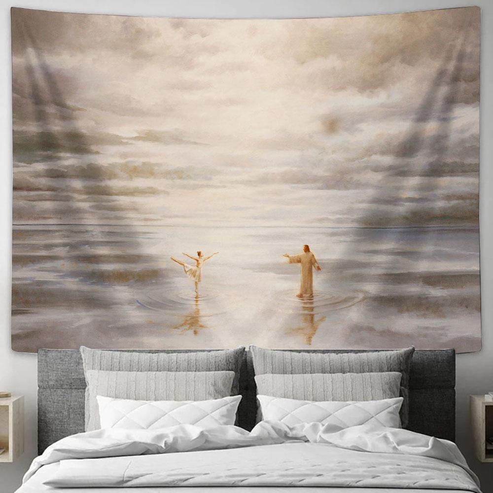 Jesus And The Girl Dancing On The Water Tapestry Wall Art - Jesus Tapestry - Christian Wall Art - Jesus Wall Decor