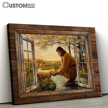 Jesus And The Lamb By The River Canvas Art - Christian Wall Art Decor - Bible Verse Canvas