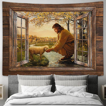 Jesus And The Lamb By The River Tapestry Art - Christian Wall Art Decor - Bible Verse Tapestry