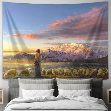 Jesus And The Sheep Tapestry Art - Christian Wall Art Decor - Religious Tapestry Art