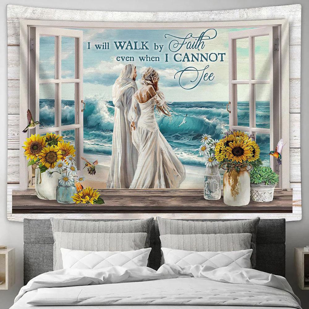 Jesus And Woman I Will Walk By Faith Tapestry Art - Bible Verse Wall Art - Wall Decor Christian
