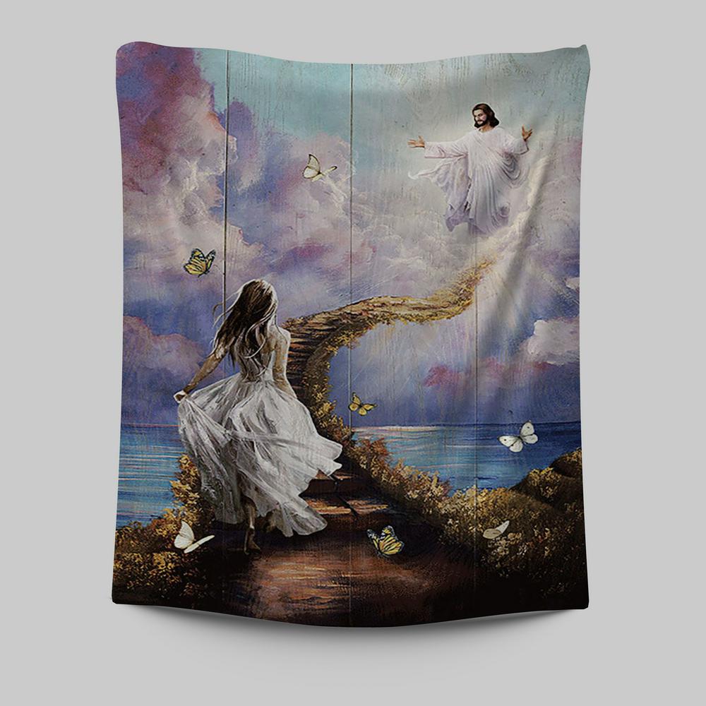 Jesus Beautiful Girl Path To Heaven Tapestry - Christian Wall Art - Religious Home Decor