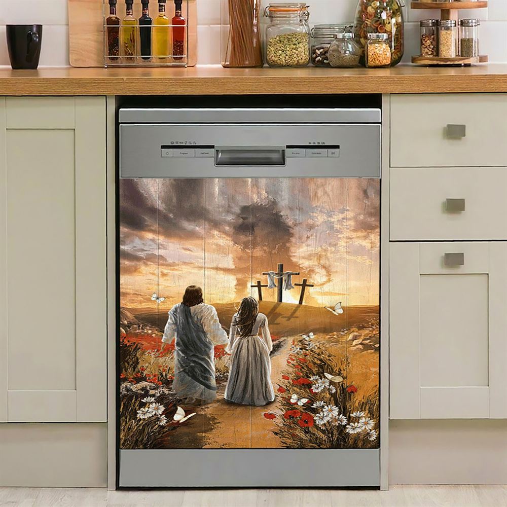 Jesus Beautiful Girl Sunset Lion Poppy Flower Dishwasher Cover, Christian Dishwasher Stickers, Bible Verse Kitchen Decor