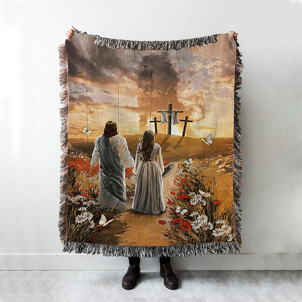 Jesus Beautiful Girl Sunset Lion Poppy Flower Woven Throw Blanket - Christian Woven Blanket Prints - Bible Verse Woven Blanket Art