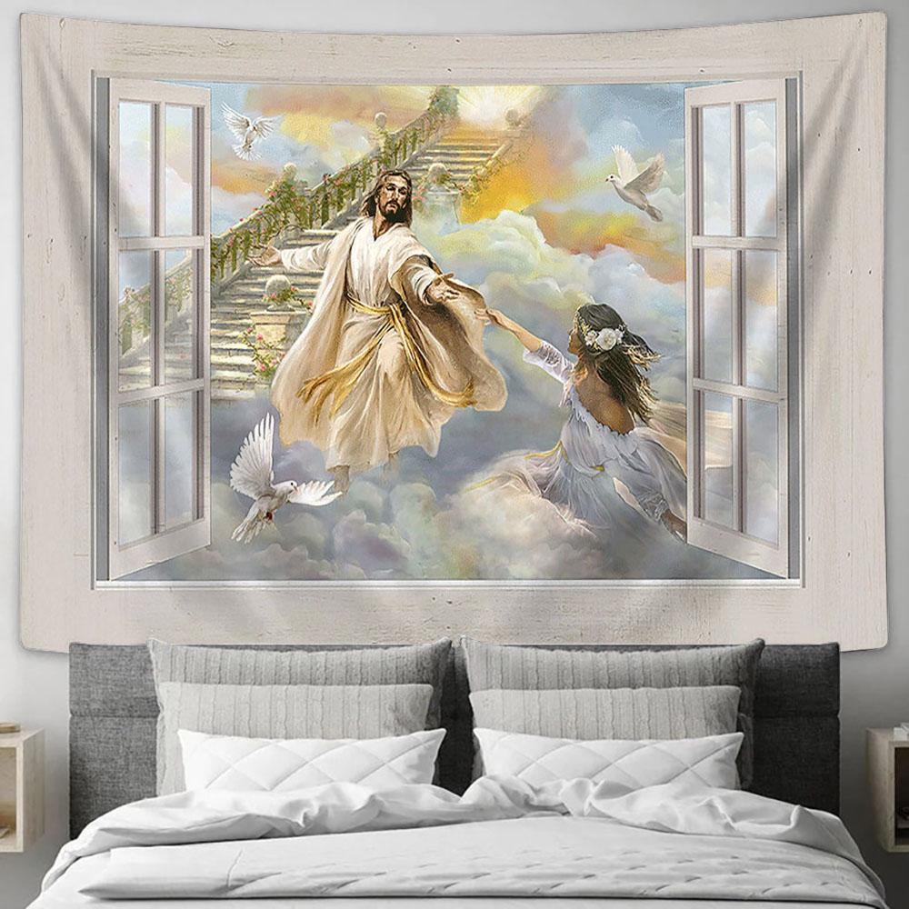 Jesus Beautiful Girl The Way To Heaven Tapestry Art - Christian Wall Art Decor - Bible Verse Tapestry