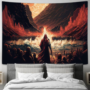 Jesus Bible Moses Crossing Red Sea Tapestry Pictures - Faith Art - Christian Tapestry Wall Art Decor