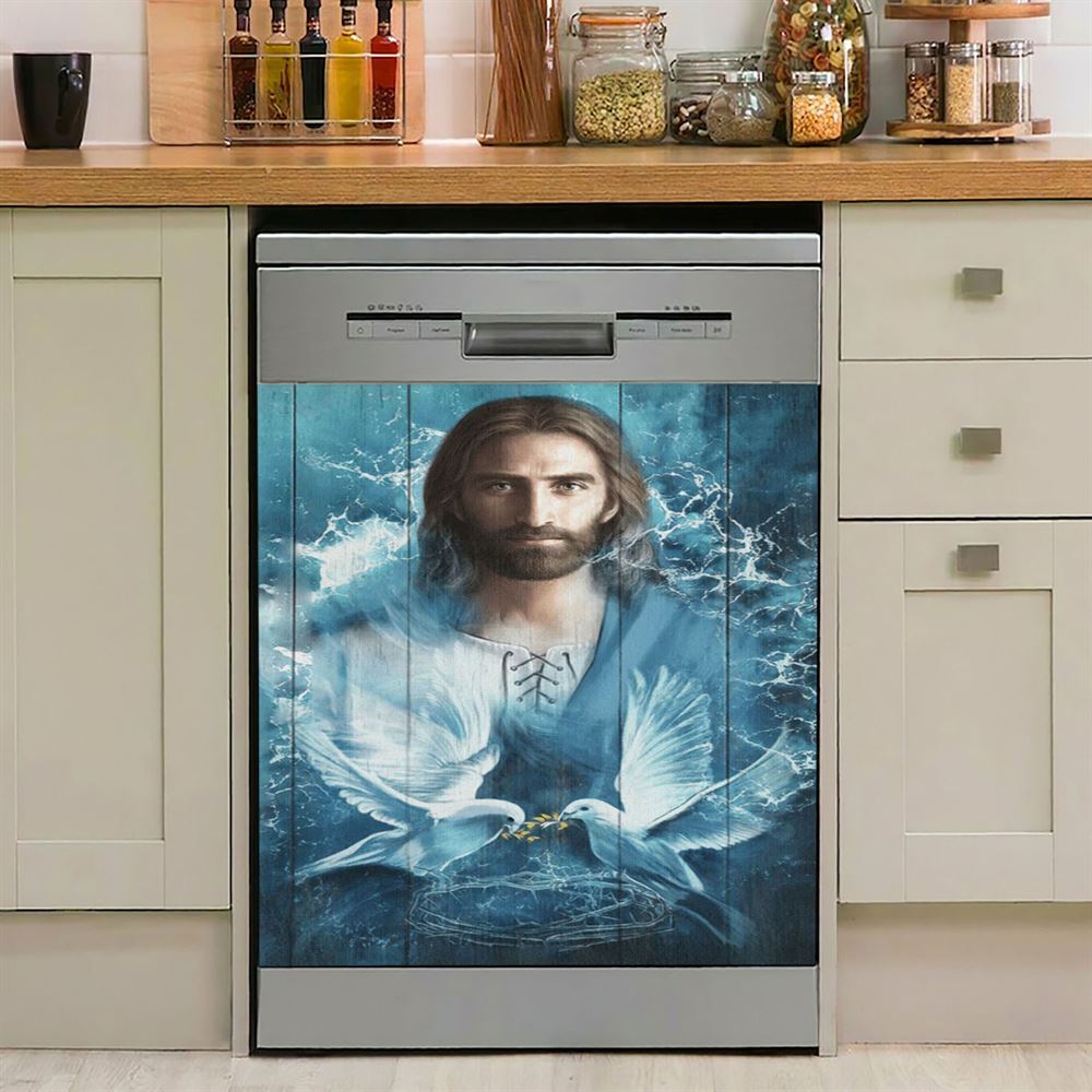 Jesus Bird Couple Blue Water Dishwasher Cover, Jesus Christ Dishwasher Stickers, Christian Kitchen Decor