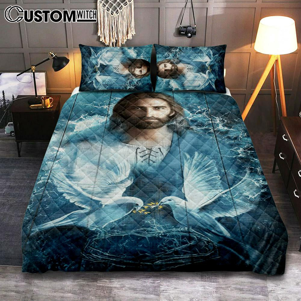 Jesus Bird Couple Blue Water Quilt Bedding Set Prints - Jesus Christ Quilt Bedding Set Art - Christian Cover Twin Bedding Decor