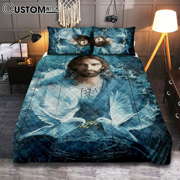 Jesus Bird Couple Blue Water Quilt Bedding Set Prints - Jesus Christ Quilt Bedding Set Art - Christian Cover Twin Bedding Decor