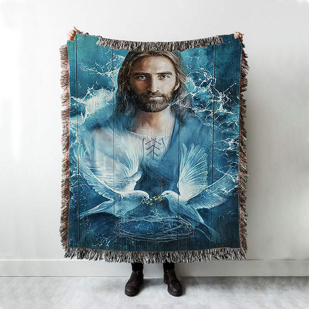Jesus Bird Couple Blue Water Throw Blanket Woven Blanket - Jesus Portrait Woven Blanket Prints - Christian Throw Blanket