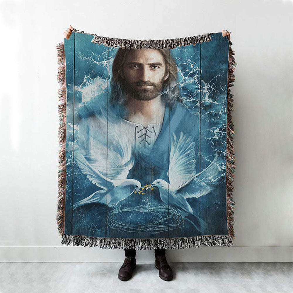 Jesus Bird Couple Blue Water Woven Blanket Prints - Jesus Christ Woven Blanket Art - Christian Boho Blanket