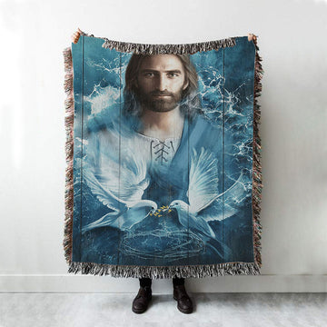 Jesus Bird Couple Blue Water Woven Blanket Prints - Jesus Christ Woven Blanket Art - Christian Boho Blanket