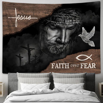 Jesus Black Faith Over Fear Tapestry Art - Christian Wall Art Decor - Bible Verse Tapestry