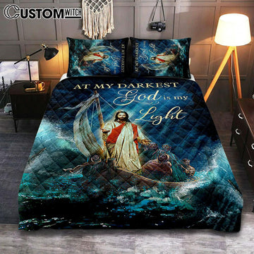 Jesus Calming The Storm Quilt Bedding Set - At My Darkest God Is My Light Bedroom Quilt Bedding Set - Jesus Portrait Quilt Bedding Set Prints - Christian Bedroom