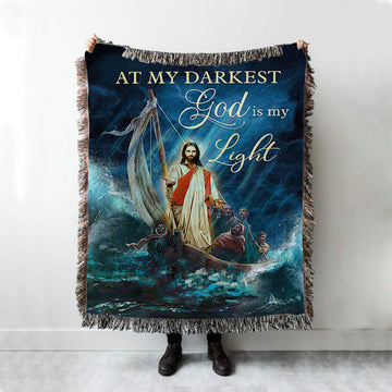 Jesus Calming The Storm Woven Blanket - At My Darkest God Is My Light Boho Blanket - Jesus Portrait Woven Blanket Prints - Christian Throw Blanket