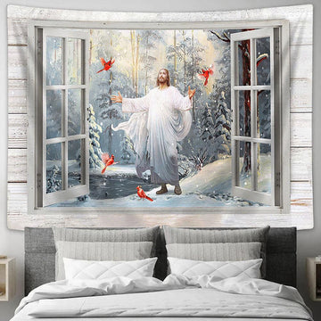Jesus Cardinal Walking With Jesus Tapestry Art - Christian Wall Art Decor - Bible Verse Tapestry