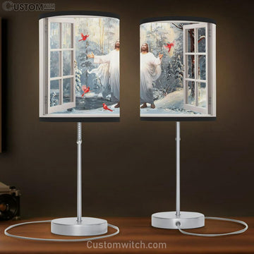 Jesus Cardinals Into The Winter Forrest Large Table Lamp - Christian Table Lamp Prints - Religious Table Lamp Art