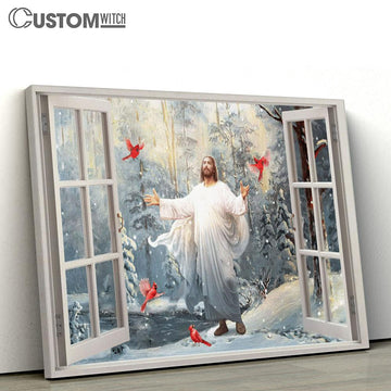 Jesus Cardinals Into The Winter Forrest Large Canvas - Christian Canvas Prints - Religious Canvas Art