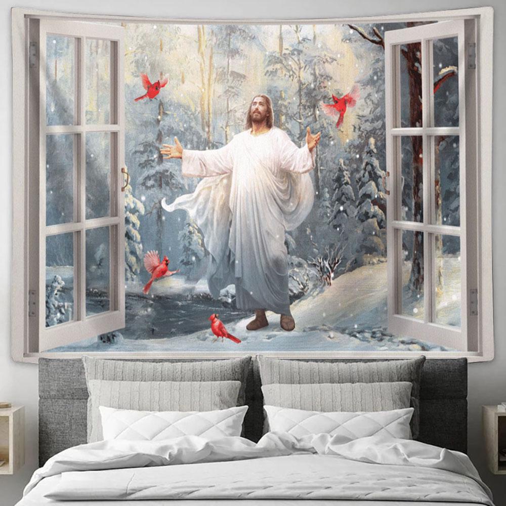 Jesus Cardinals Into The Winter Forrest Large Tapestry - Christian Tapestry Prints - Religious Tapestry Art