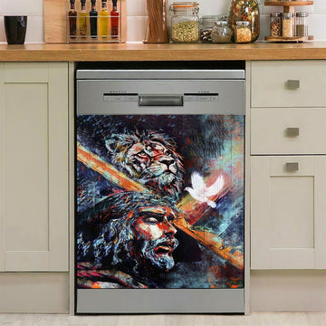 Jesus Carry Cross With Lion Dove Dishwasher Cover, Lion Dishwasher Stickers, Christian Inspirational Kitchen Decor