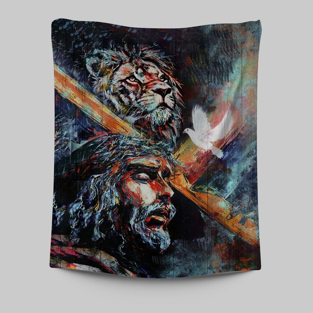 Jesus Carry Cross With Lion Dove Tapestry Prints - Lion Tapestry Art - Christian Inspirational Tapestry