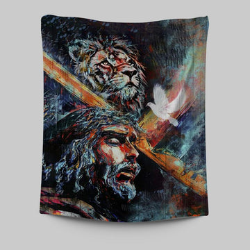 Jesus Carry Cross With Lion Dove Tapestry Prints - Lion Tapestry Art - Christian Inspirational Tapestry