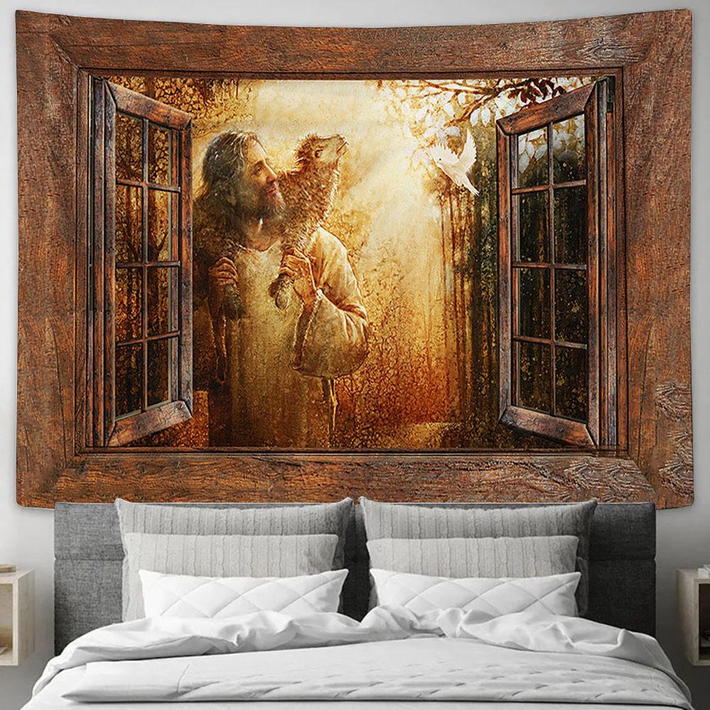 Jesus Carry The Lamb And The Dove Tapestry Art - Christian Wall Art Decor - Bible Verse Tapestry
