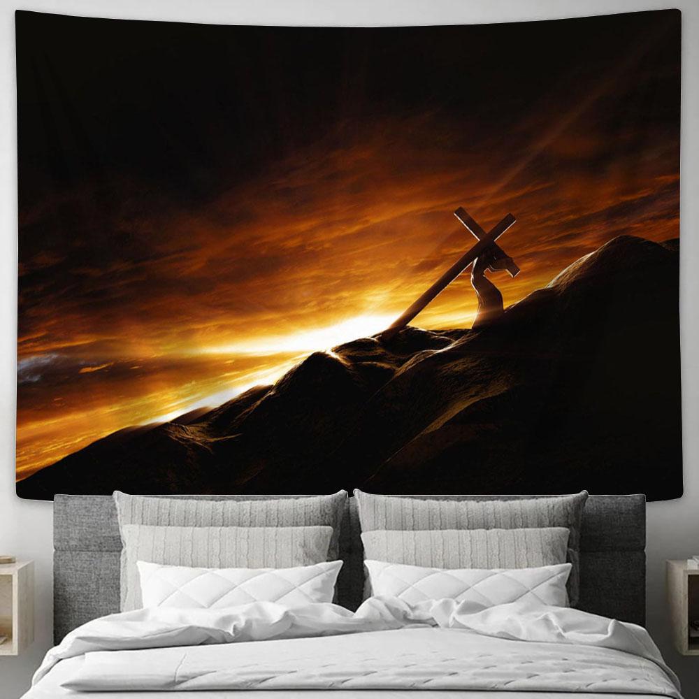 Jesus Christ Carrying Cross Suffering Tapestry Pictures - Faith Art - Christian Tapestry Wall Art Decor