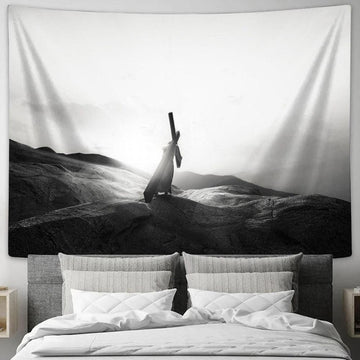 Jesus Christ Carrying Cross Tapestry Pictures - Faith Art - Christian Tapestry Wall Art Decor