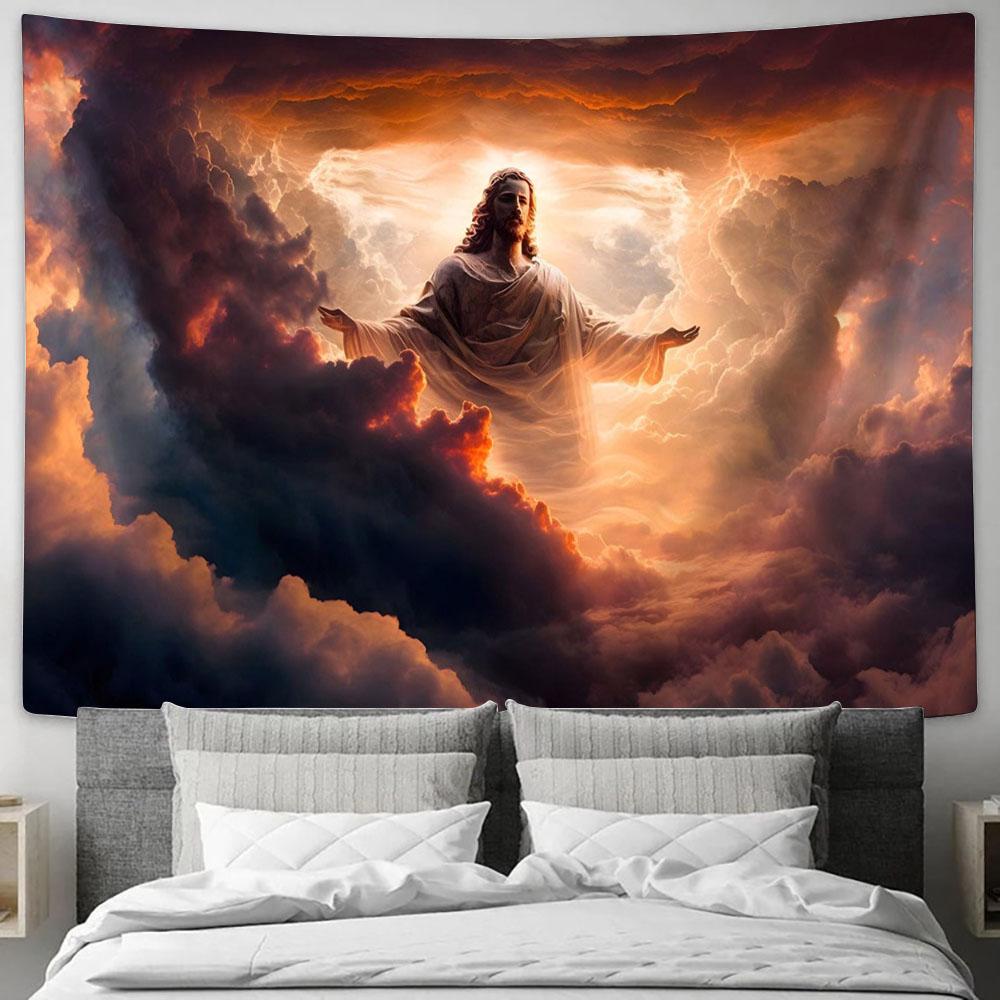 Jesus Christ Close Up Portrait Sunset Sky Tapestry Pictures - Faith Art - Christian Tapestry Wall Art Decor