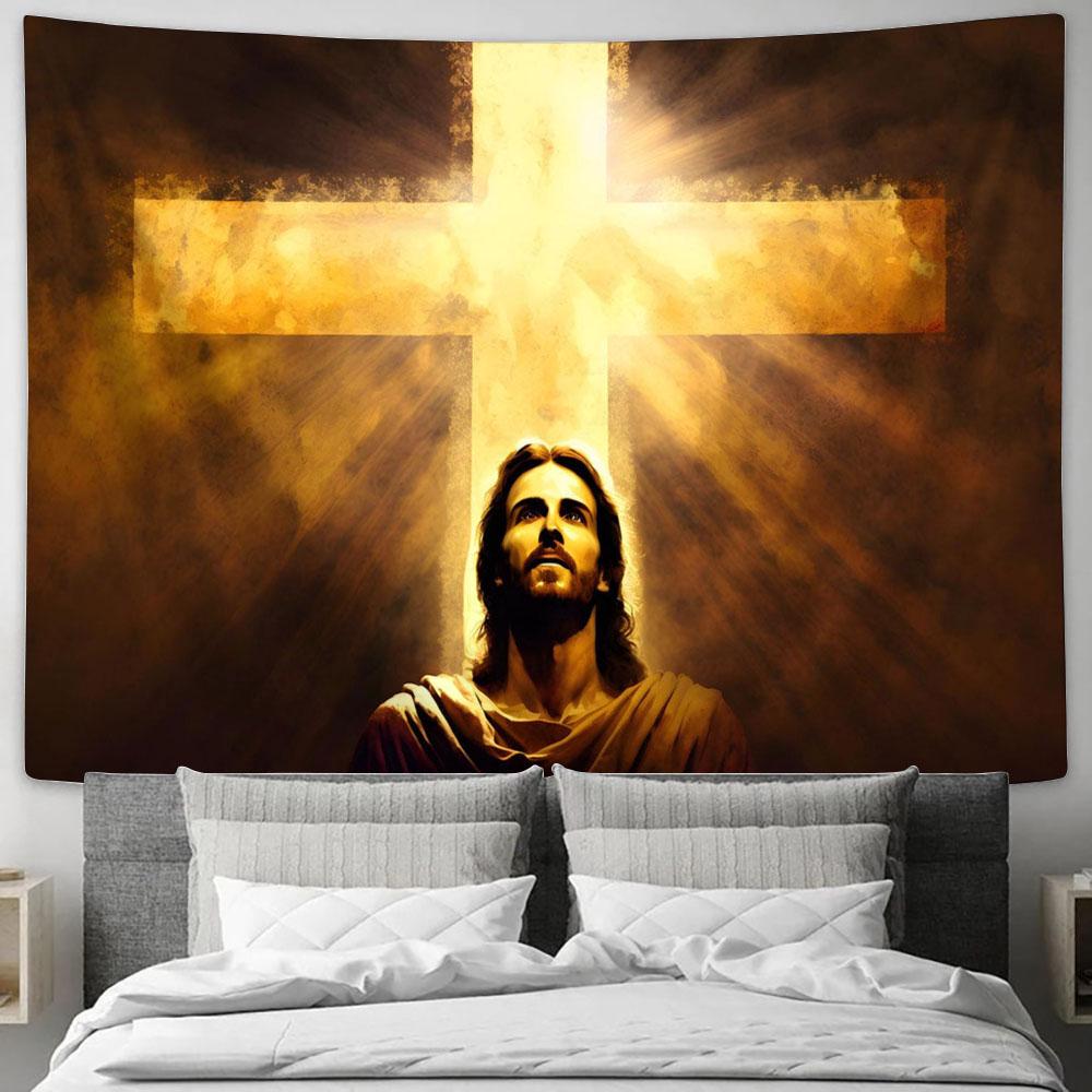 Jesus Christ Close Up Portrait With Cross Tapestry Pictures - Faith Art - Christian Tapestry Wall Art Decor