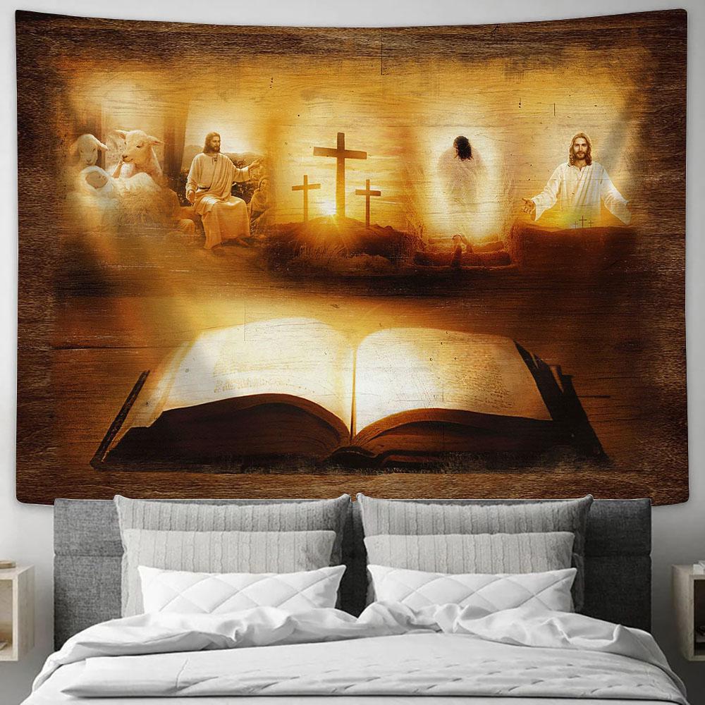 Jesus Christ Cross The Lamb Of God Light From Heaven Tapestry Wall Art - Bible Verse Tapestry - Religious Tapestry Wall Hanging