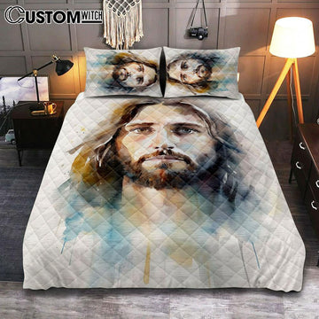Jesus Christ Facing Forward And Looking Straight Ah Quilt Bedding Set Prints - Jesus Quilt Bedding Set Art - Christian Bedroom Decor