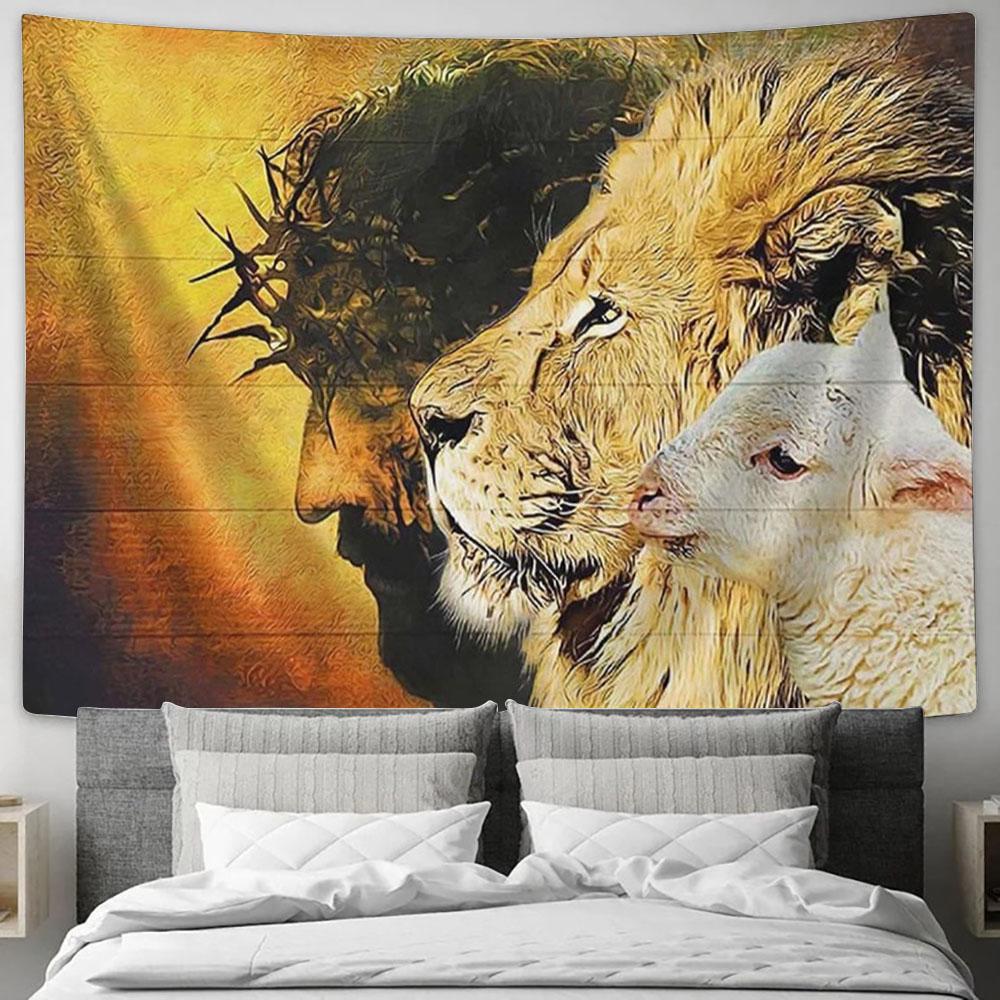 Jesus Christ Lion Of Judah Tapestry Art - Lion Tapestry Wall Decor - Christian Scripture Tapestry
