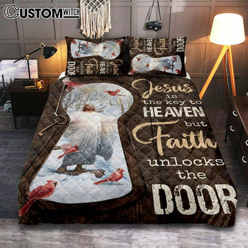Jesus Christ Northern Cardinal Quilt Bedding Set - Jesus Is The Key To Heaven Quilt Bedding Set Prints - Jesus Christ Quilt Bedding Set Art