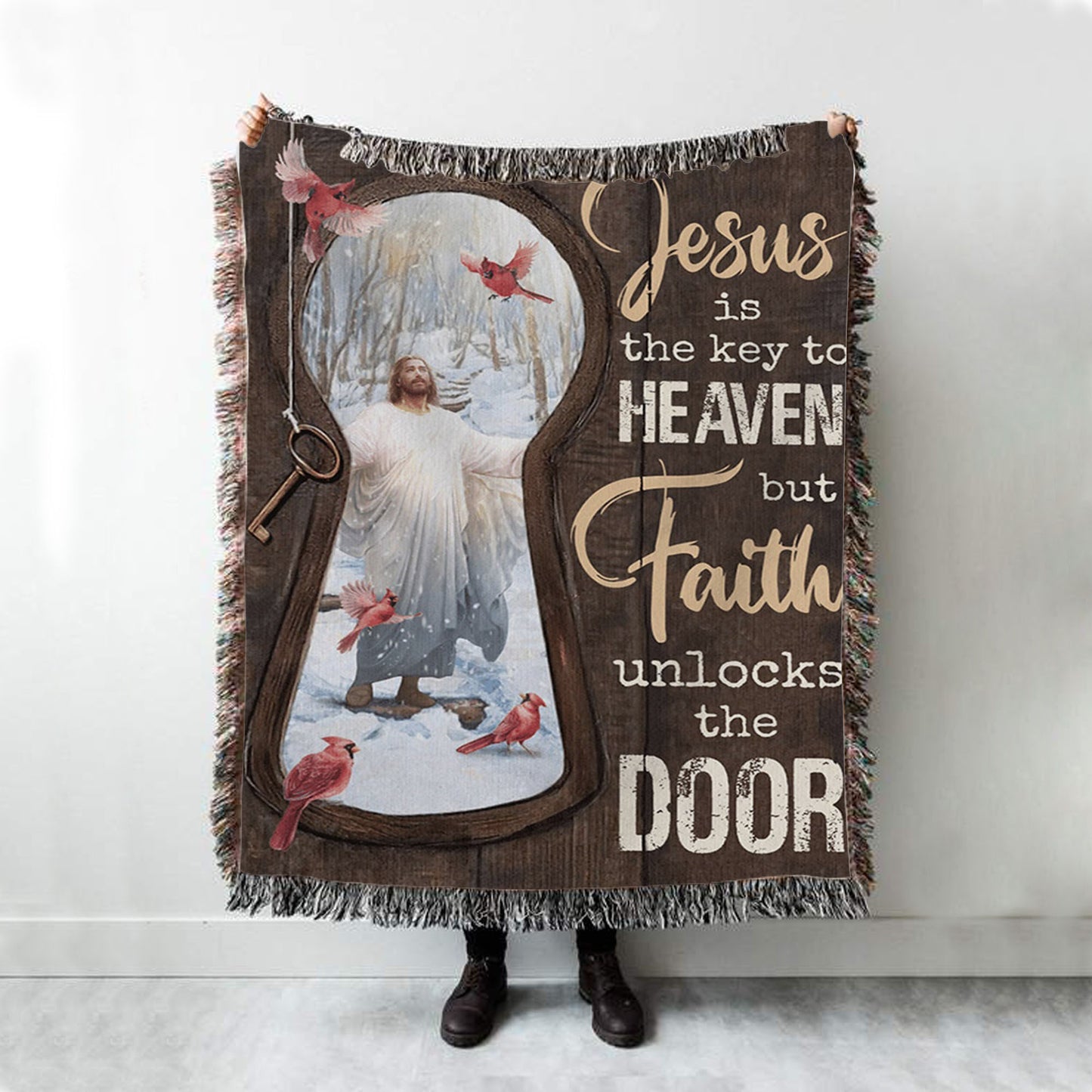 Jesus Christ Northern Cardinal Woven Blanket - Jesus Is The Key To Heaven Blanket Prints - Jesus Christ Woven Blanket Art - Christian Boho Blanket